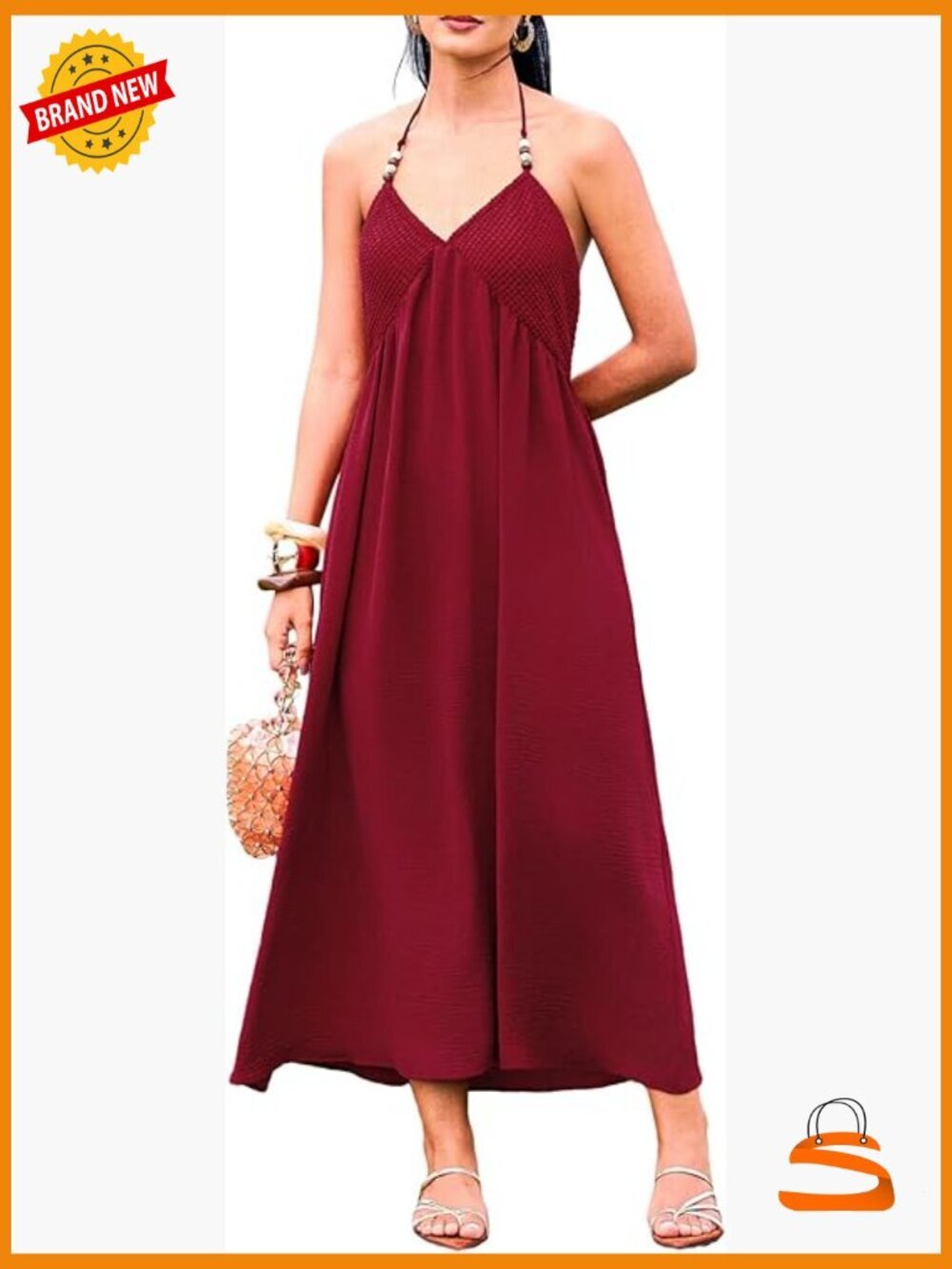 Halter Backless Smocked Waist Ruffle Maxi Dress Womens Beach Vacation